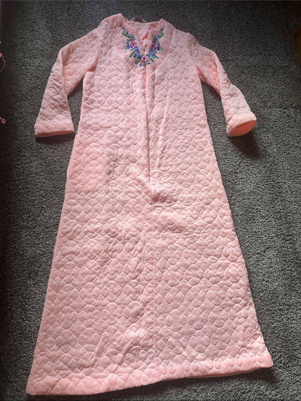 Vintage light coral Quilted Long Robe with Floral Embroidered Neckline